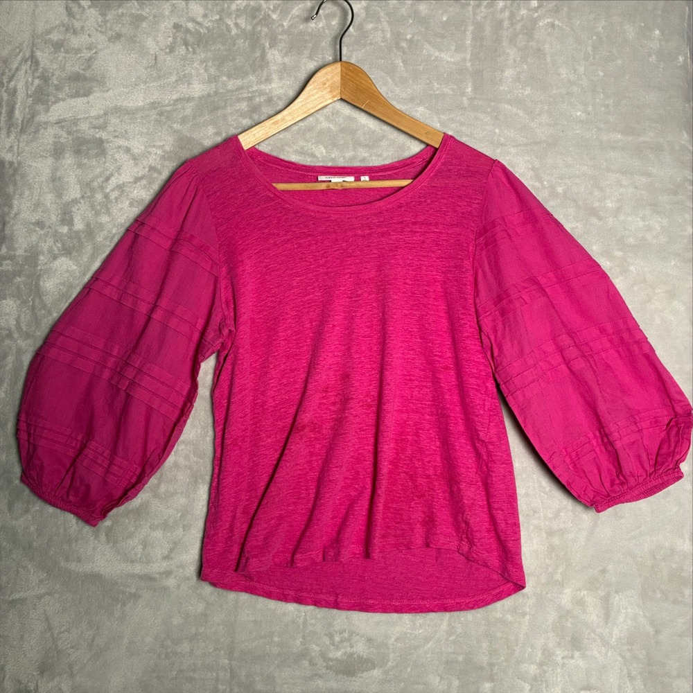 Chicos Magenta Pink Linen Blend Pintuck Puff Sleeve Top Size 1 Medium